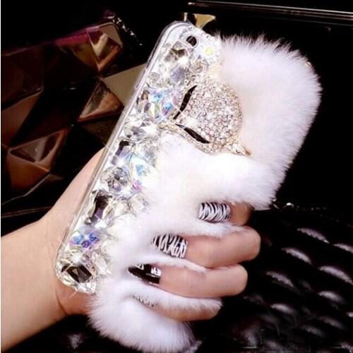 Warm Fluffy Rabbit Fur Bling Diamonds Soft Phone Case Cover For SamsungS6 S7 S8 S9 S10 S20 S21 PLUS Lite Note5 8 9 10 20 Capa
