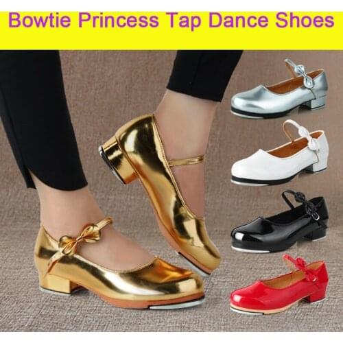 Girls Slide Buckle with Bow Low Heel Tap Shoes Shiny Patent Leather Non-skid Rubber Pad Tap Dance Shoes For Women size 23 -42