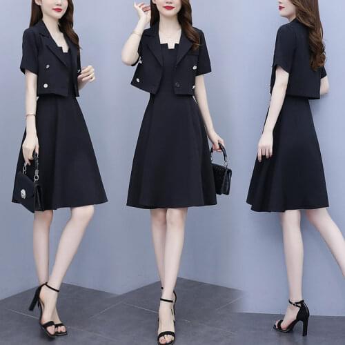 Crop Blazer Women Set Plus Size 2021 Summer Temperament Slimming Fashion Suit Jacket Sling Dress Two Piece Suit Outfits zh1580