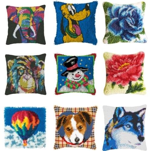 Wolf Flower Carpet Embroidery Pillow Knoop Pakket Needlework Set Latch Hook Cushion Button Package Decor