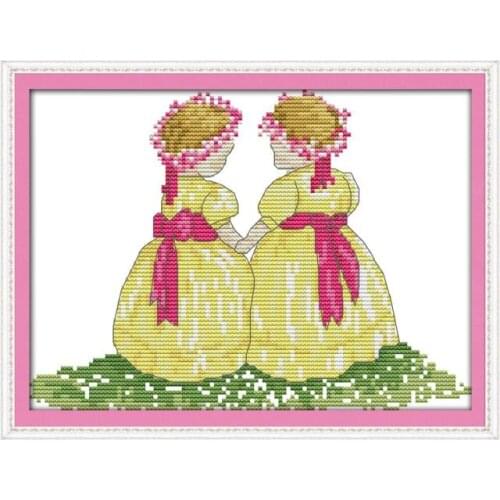 Yellow skirt sister cross stitch kit 14ct 11ct count printed fabric canvas x stitching embroidery DIY handmade needlework