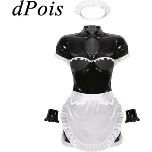 4Pcs Womens Wet Look Patent Leather Maid Cosplay Costume Open Cups Sexy Outfit Short Sleeveless Open Chest Bodycon Mini Dress