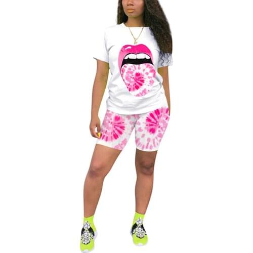 Two Piece Set O-neck T-shirt Shorts Pants Suit Sports Tracksuit Outfit Short-sleeved Summer Colorful Mouth-print Women Pullover