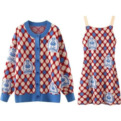 Women Suit Knitted Sweaters and Dress Two Pieces Set 2021 Autumn Winter Plaid Casual Knitwear Cardigans Jumpers Pull Femme