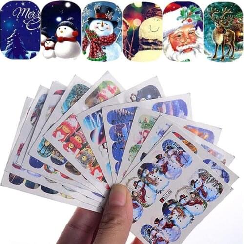 12pcs Christmas Nail Sticker Santa Claus Elk Snowman Gift Water Transfer Slider Full Wrap Xmas Cartoon Decal Nail Art Decoration