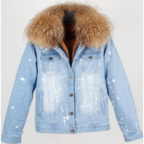 2020 New FashionWinter Jacket Coat Women Holes Denim Jacket Real Large Raccoon Fur Collar And Faux Fur Thick Warm LinerBrand