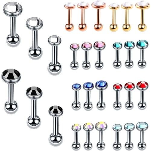 3pcs/lot Steel Crystal Ear Cartilage Helix Bar Ear Stud Piercing 16G Earring Piercings Lobe Cartilage Barbell Sexy Girls Jewelry