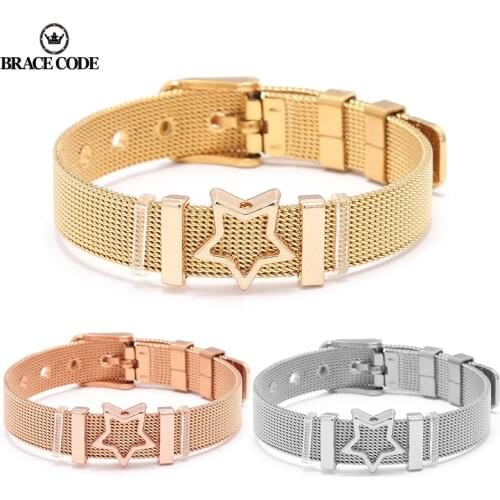 BRACE CODE Hot Sale Stylish Mesh Fine Bracelet Rhinestone Five Star Adjusted Stainless Steel Keeper Charm Bracelets Wome Gift