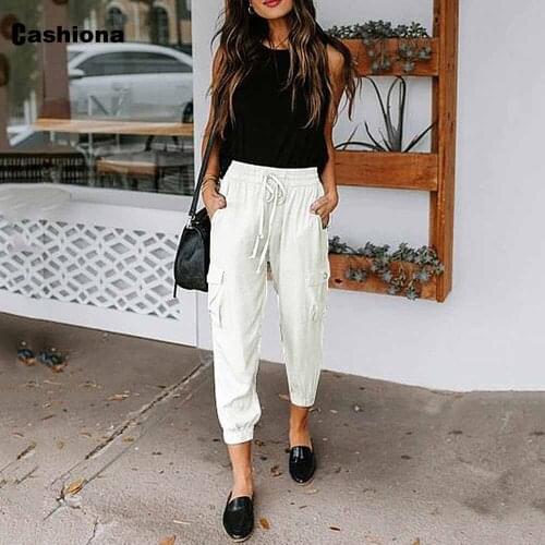 High Waist Pants Womens Summer Harem Trousers 2021 Western Style Multi-pocket Casual Loose Pantalon Female Drawstring Pants