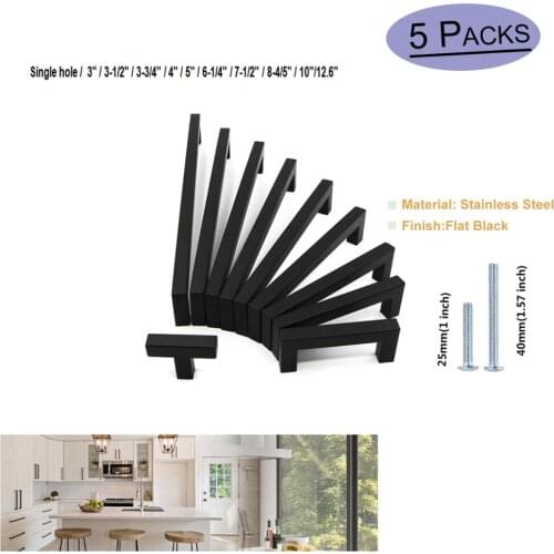 Black Square Bar Cabinet Pull Drawer Handle Stainless Steel Modern Hardware for Kitchen and Bathroom Cabinets Cupboard 5 Pack