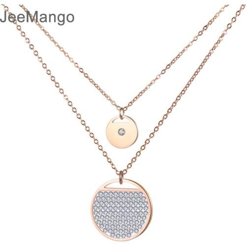 Jeemango Stainless Steel Jewelry Double Layers Rhinestones Round Shape Necklace Rose Gold Color Chain New Year Gift N18281