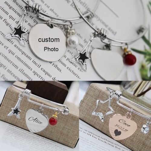 Customized Heart Round Bracelets Engrave Name Date ID Photo Bracelet Gold Color Stainless Steel Bangles For Family Gift