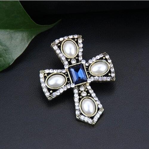 Cultured Pearl CZ Cross Brooch Women Men Jewelry Crystal Broche De Mujer Vintage Pins Metal Kpop