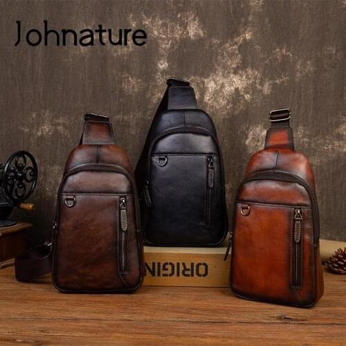 Johnature Men Chest Bag 2021 New Vintage Genuine Leather Solid Color Large Capacity Versatile Nature Cowhide Man Crossbody Bags