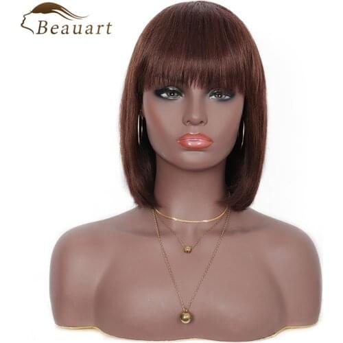 Beauart Human Hair Handmade Lace Top Wigs With Bangs 10" Straight Bob Cut Wig For Women None Lace Front Realistic Scalp Top Wigs