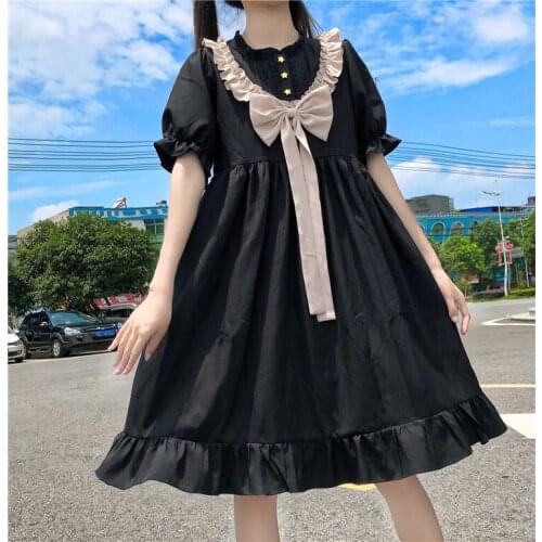 Japanese Style Dress Gothic Lolita Dress Japanese Dark Harajuku Fashion Sweet Bowknot Thin Dress Kawaii Girl Summer New Style