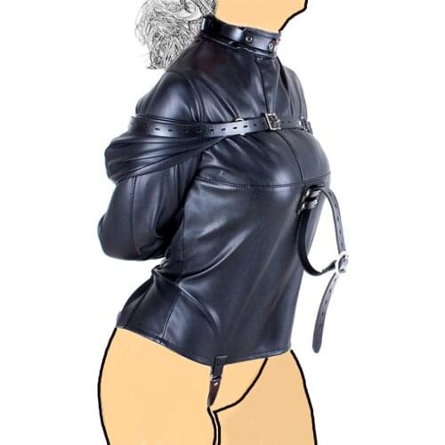 Plus Size Leather Straitjacket Bondage Bra Top,Womens Sexy Lingerie,Open Crotch Straight Jacket