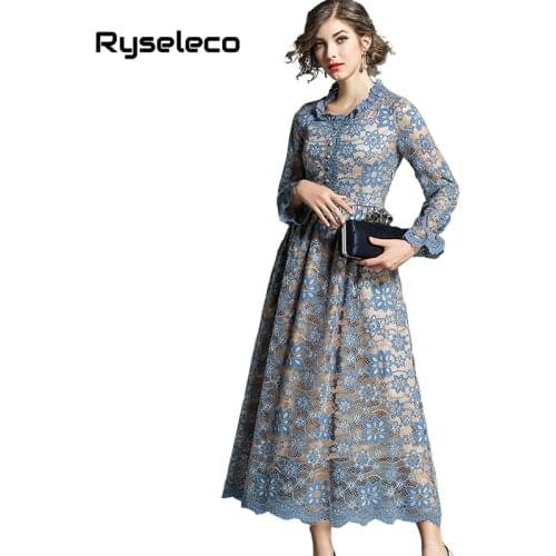 Ryseleco 2018 Women Long Elegant Hollow Out Cutout Floral Lace Dress Full Sleeve Fashion A-Line Autumn Chic Flare Party Dresses