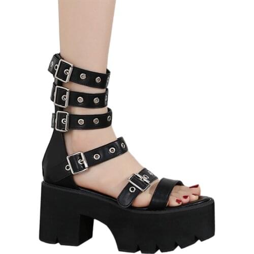 Punk Style Rivet Lolita Shoes Cos Harajuku Muffin Shoes Roman Sandals Womens Summer High Heels Waterproof Platform Black Gothic