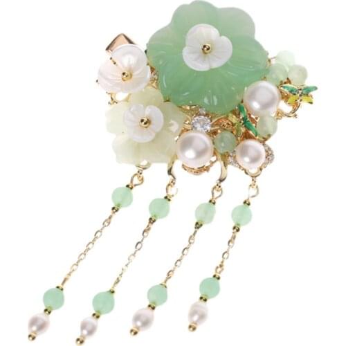 Chinese style retro Natural jade tassel handmade hairpins hair sticks beaded up do small bun hairclip
