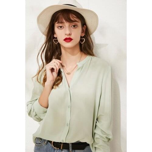 Green Real Silk Chiffon Shirt 100% Mulberry Silk Women Long Sleeve V-neck Blouse M L XL Free Shipping