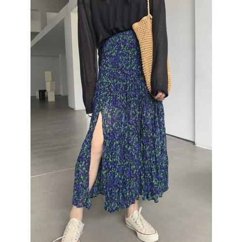 Autumn New Women Long Skirt Floral Chiffon Skirt Female Mid-length Pleated Slit High Waist Loose Folds A-line Long Skirt
