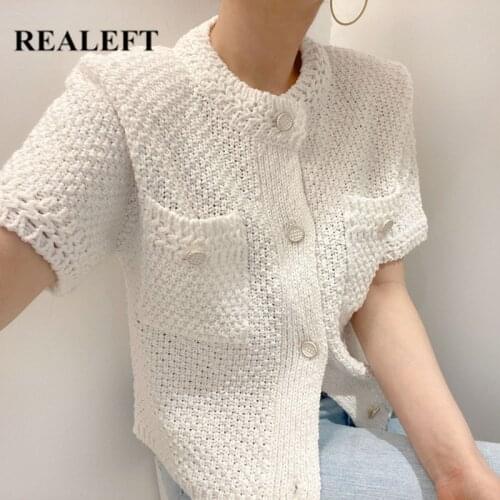 REALEFT 2021 New Summer Chic O-neck Short Sleeve Womens Cardigans Sweaters Knitted Elegant Single-breasted Pockets White Tops