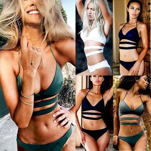 Cross Up Solid Color Bikini Women Triangle Split Swimsuit Swimwear Women 2 Piece Set Push Up Swimming Suit High Waist Bikini