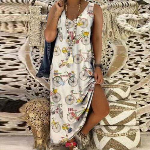 New Vintage Bicycle Print Long Dress Womens Casual Loose Sleeveless Ankle-length Dress Patchwork Round Neck Maixi Sundress