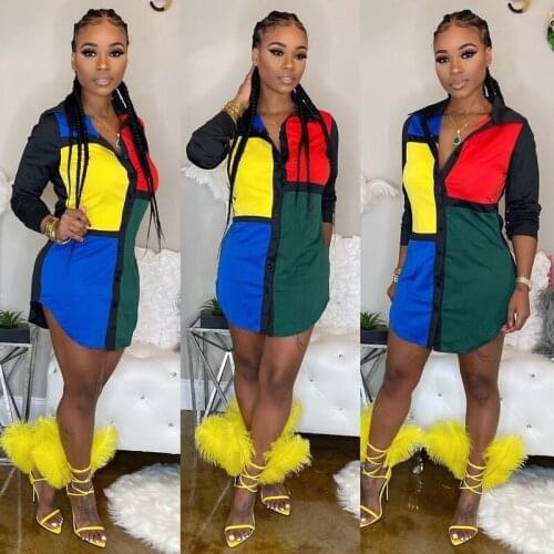 Patchwork Pattern Casual Fashion Womens Dress Long Sleeved Lapel Single Breasted Top Shirt