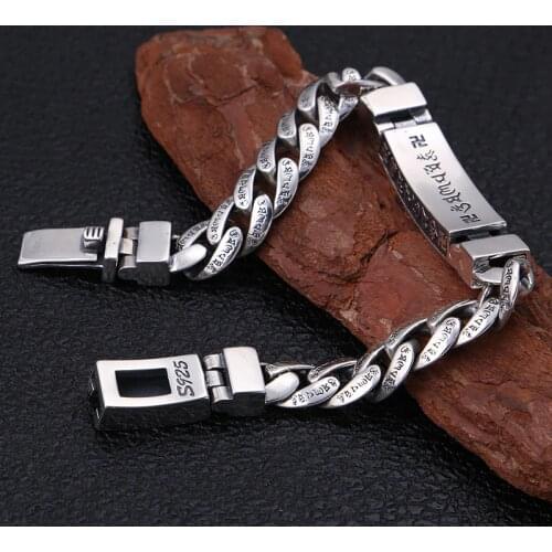 S925 Sterling silver color Tibetan Buddhism Men Bracelet Six Word Mantra OM MANI PADME HUM link chainThai silver color bracelet