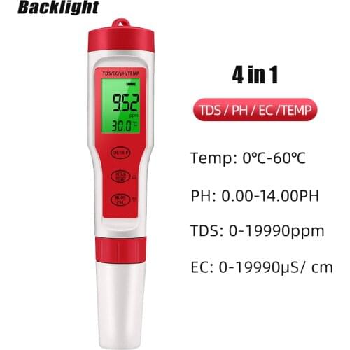 4 in 1 PH EC TDS Meter Digital Water Quality Tester Professional PH/TDS/EC/Temperature Monitor for Pool Aquariums Drinking Water