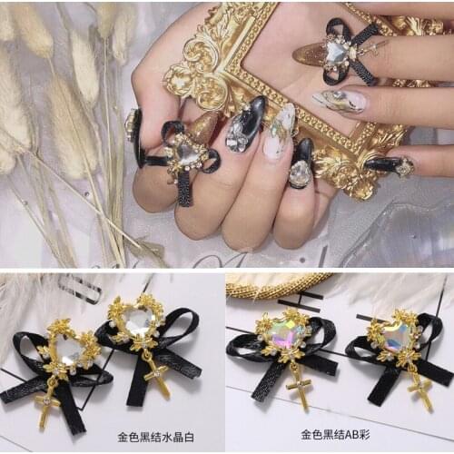 50pc 3D Nail Decoration Heart-Alloy With Black-Bow Love Alloy Rhinestone Gold Cross Jewelry Nail Art Alloy 2Color=White/Clear AB