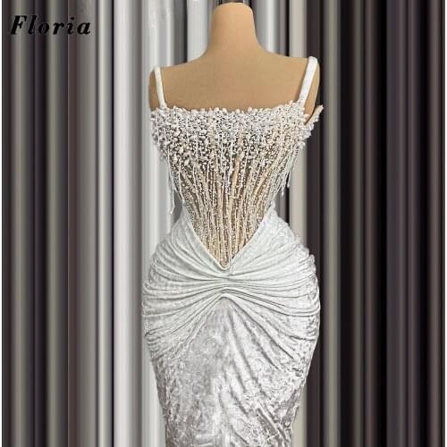 White Pearls Prom Dresses With Straps 2021 Robes De Soiree Dubai Women Evening Dresses Middle East Long Women Celebrity Dress