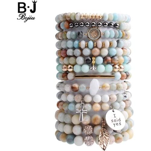 BOJIU Natural Amazonite Stone Bracelet For Women Gold Leaf Tube Cubic Zircon Evil Eye Silvery Cross Medal Charm Bracelet BC215