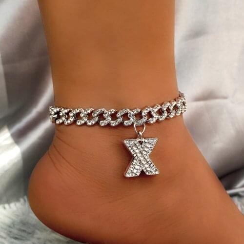 9mm Statement Cuban Link Chain Anklet Bracelets for Women Crystal Initial Letter Chunky Anklets Hip Hop Barefoot Chain Jewelry