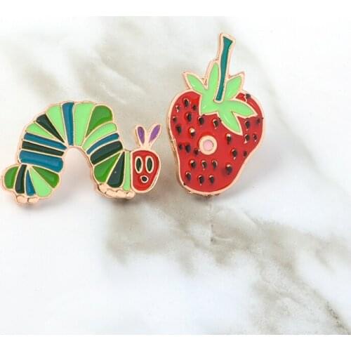 Caterpillars and Strawberry Cartoon Pins Fruit Brooches Enamel Pins Lapel Pin Couple Funny Cute Jewelry Gifts for Kids Wholesale