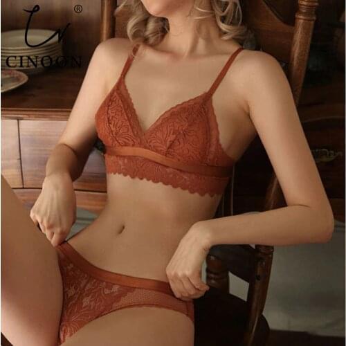 CINOON New Fashion Women Satin intimates thin Triangle cup Underwear set wirefree cute Solid bra sets lingerie female set