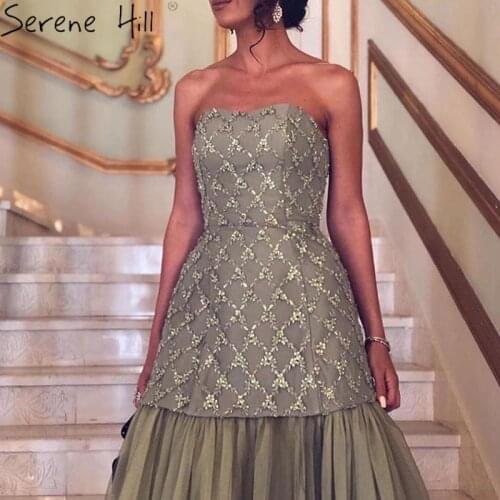 Dubai Olive Green Design A-Line Prom Dresses Off-Shoulder Sexy Luxury Gowns 2020 Serene Hill BLA70559