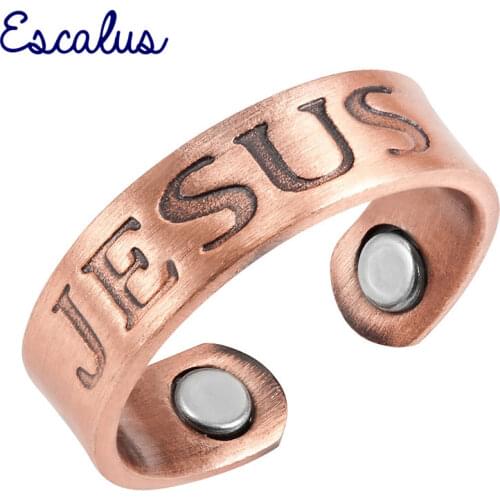 Escalus Ladies Antique Copper Letter JESUS Round Magnetic Women Ring Resizable Female Magnet Women Jewelry Charm Finger Wear