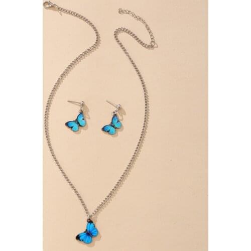 Bohemian Blue Butterfly Jewelry Set for Women Korean Boho Necklace Earrings Wedding Party Cute Fashion Jewelry Wholesale Gift