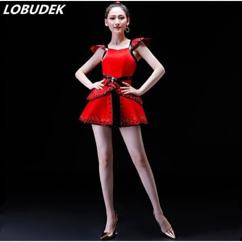 Adult Women Jazz Dance Costume Red Crystals Mini Short Dress Drummer Groups Stage Wear Singer Dancer Sexy Performance Clothes