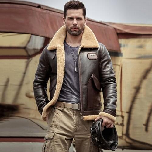 2019 New Mens Brown B3 Shearling Jacket Sheepskin Coat Leather Jacket Fur Coat Airforce Flight Jacket