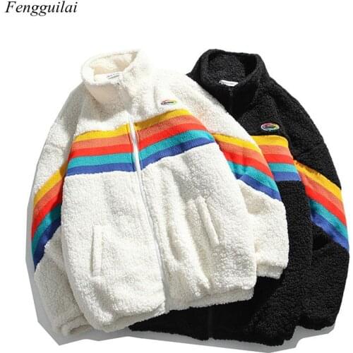 2021 New Womens Fashion Style Rainbow Contrast Stand Collar Cotton Padded Fleece Couple Loose Korean Jacket