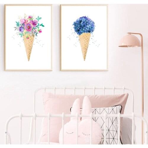 Ice Cream Cone Art Canvas Posters Painting Watercolor Blue Purple Bouquet Flower Summer Wall Picture Prints Baby Room Decor