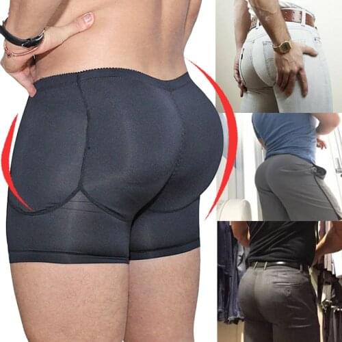 Men Fake Buttocks Underwear Seamless Tummy Control Shaper Sexy Ass Butt Lift Boxers Hip Up Padded Butt Push Panties Short Black