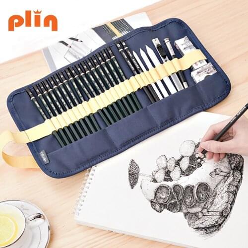 Professional Art Set 27 PCS Nylon Pen Curtain Sketching Sketch Graphite Knife Charcoal Pencils Bag Eraser Kit School Supplies