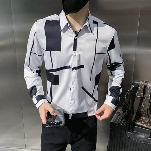 Hot Sale Fashion Print Shirts For Men Clothing Simple All Match Long Sleeve Slim Fit Casual Tuxedo Dress Camisa Masculina 3XL-M