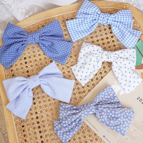 Chic Blue Big Bow Hairpins Sweet Small Fresh Hair Clip Floral Dot Cloth Fabric Headdress Female Ponytail Fairy Hair Accessories