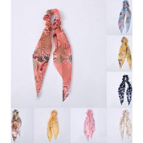 Korean Bow Long Ribbon Hair Scrunchie Chiffon Floral Print Sweet Elastic Hair Band Ponytail Hair Scarf Hair Tie Hair Accessories